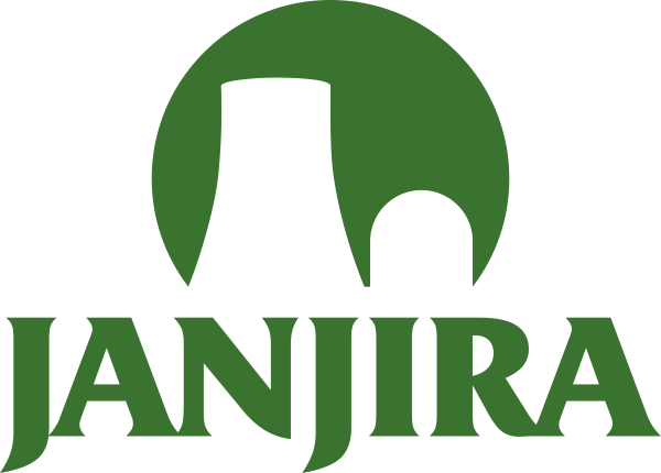 Green logo with the word “JANJIRA”; above it is a circular icon with stylized white shapes resembling a cooling tower or plant silhouette—fitting for a nuclear power plant—on a white background.